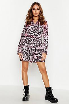 Boohoo Neon Tiger Print Belted Shirt Dress