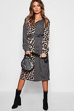 Boohoo Leopard & Stripe Shirt Dress