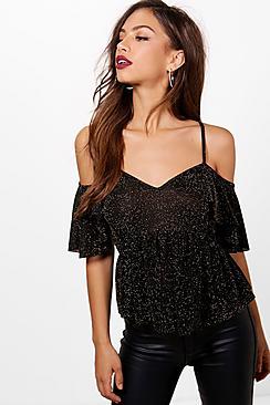 Boohoo Annabelle Metallic Ruffle Cold Shoulder Top