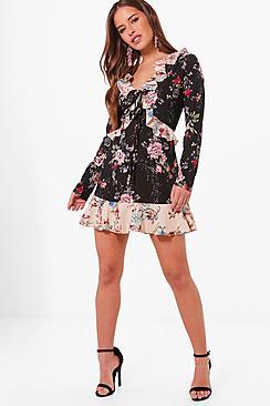 Boohoo Petite Felicity Floral Print Ruffle Detail Tea Dress