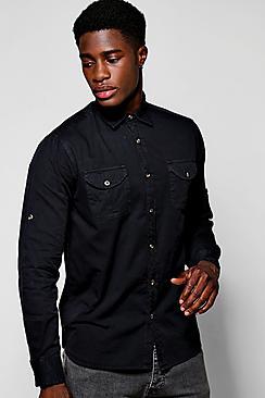 Boohoo Black Double Pocket Long Sleeve Shirt