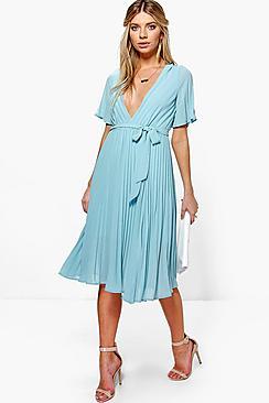 Boohoo Boutique Erity Pleated Plunge Neck Midi Dress