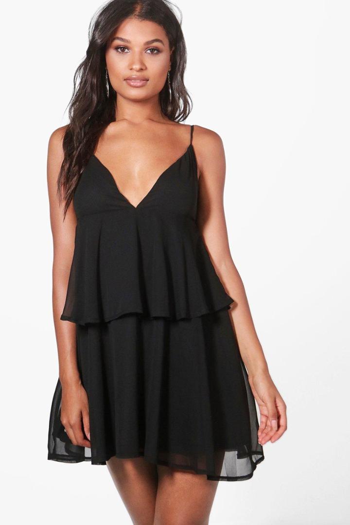 Boohoo Josie Ruffle Tiered Strappy Skater Sundress Black