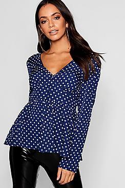 Boohoo Polka Dot Button Through Peplum Top