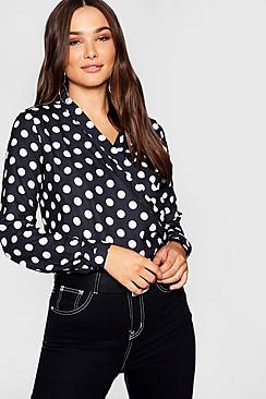 Boohoo Spot Printed Drape Long Sleeve Blouse