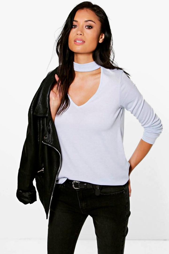 Boohoo Diana Choker Plunge Neck Knitted Jumper Sky