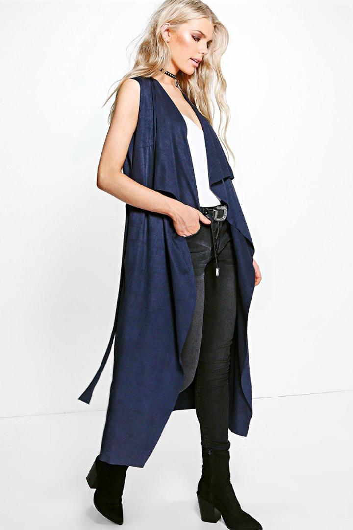 Boohoo Florence Suede Waterfall Sleeveless Jacket Navy