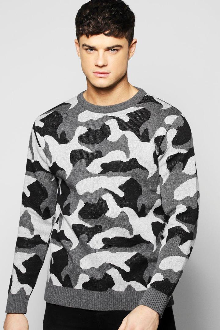 Boohoo Camo Crew Neck Jumper Grey