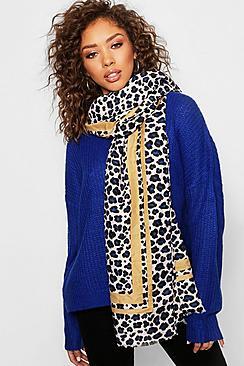 Boohoo Mustard Stripe Detail Leopard Scarf