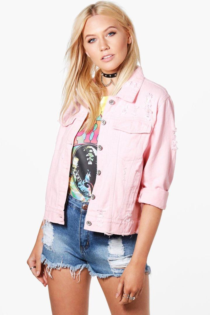 Boohoo Karla Oversize Distressed Jean Jacket Pink