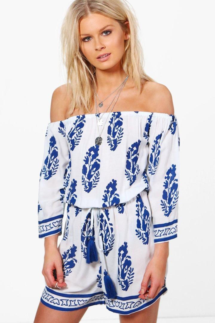 Boohoo Emma Printed Off The Shoulder Playsuit White