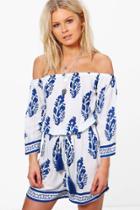 Boohoo Emma Printed Off The Shoulder Playsuit White