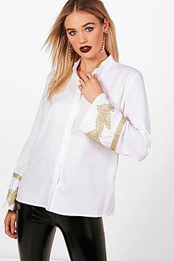 Boohoo Martha Applique Trim Wide Sleeve Folk Shirt