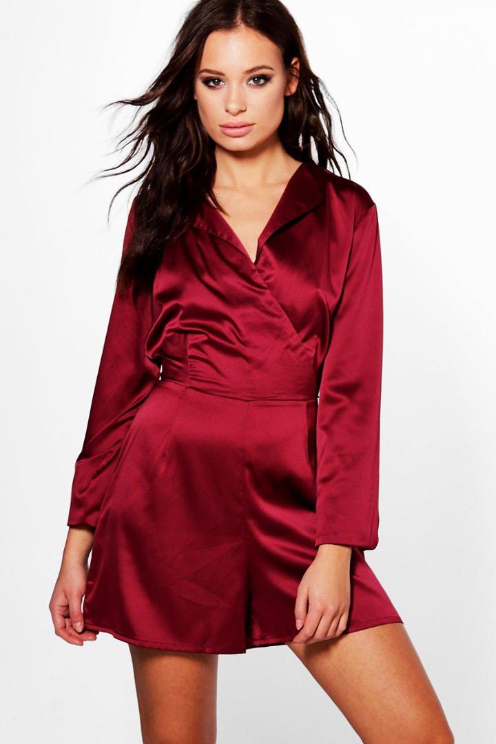 Boohoo Rose Long Sleeved Wrap Front Satin Playsuit Berry