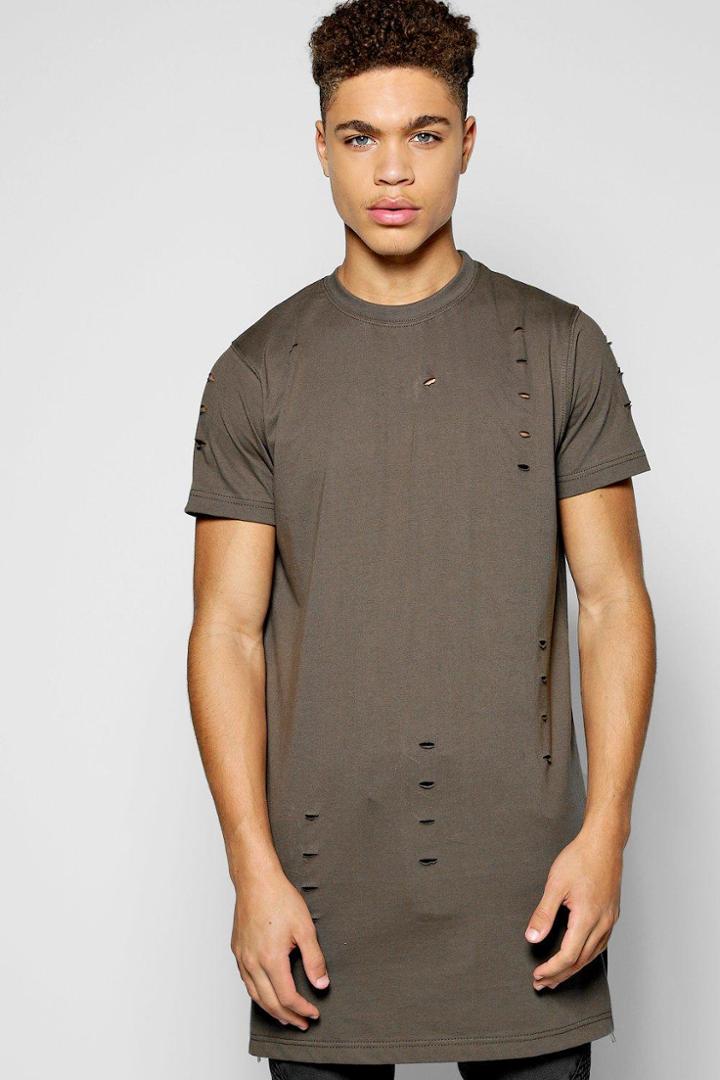 Boohoo Longline Destroyed T Shirt With Zips Khaki