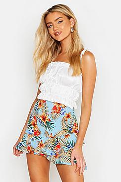 Boohoo Tropical Print Ruffle Hem Mini Skirt