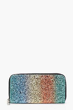Boohoo Leah Rainbow Glitter Zip Around Purse