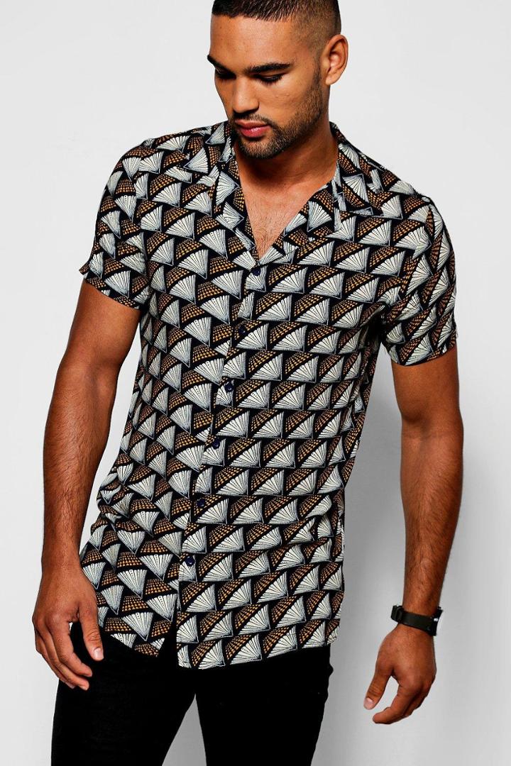 Boohoo Black Fan Print Short Sleeve Revere Shirt Black