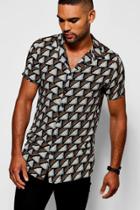 Boohoo Black Fan Print Short Sleeve Revere Shirt Black