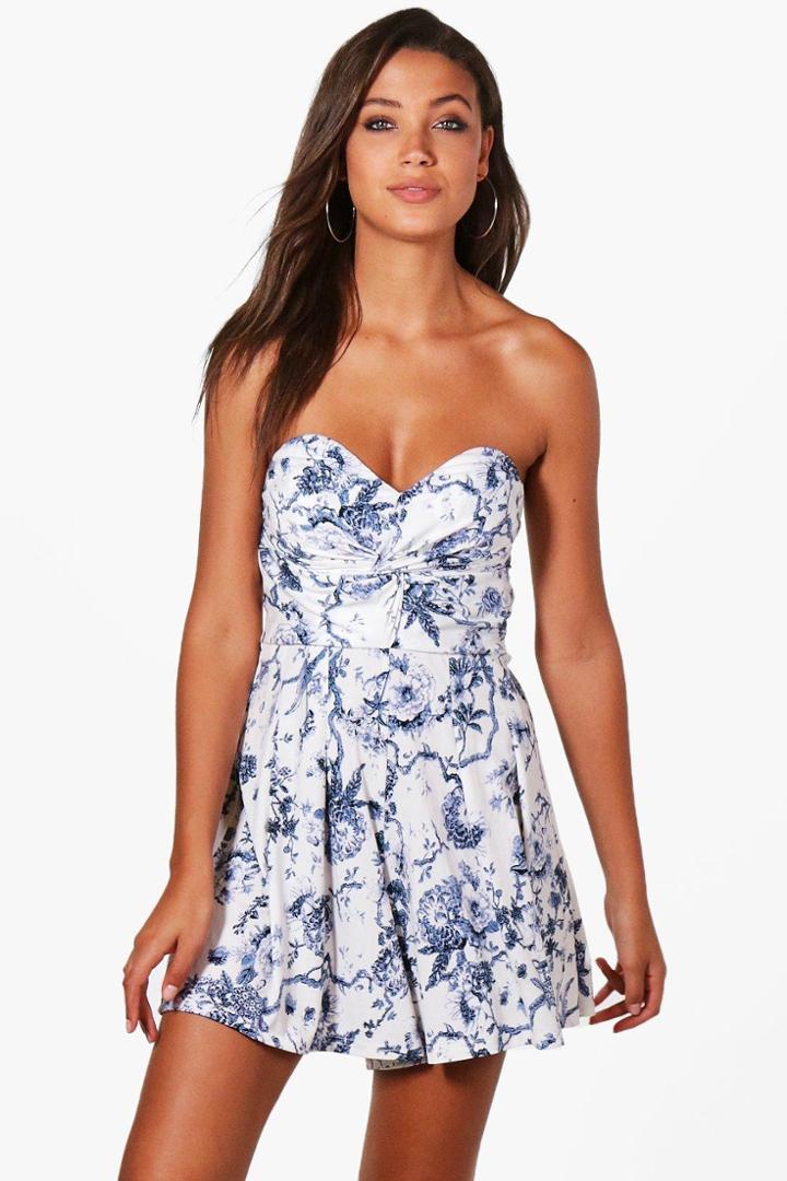 Boohoo Tall Isla Twist Front Printed Playsuit Blue