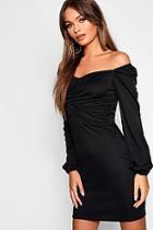 Boohoo Ruched Off Shoulder Balloon Sleeve Bodycon Midi Dress