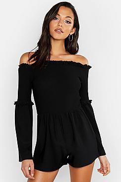 Boohoo Tall Shirred Off The Shoulder Playsuit