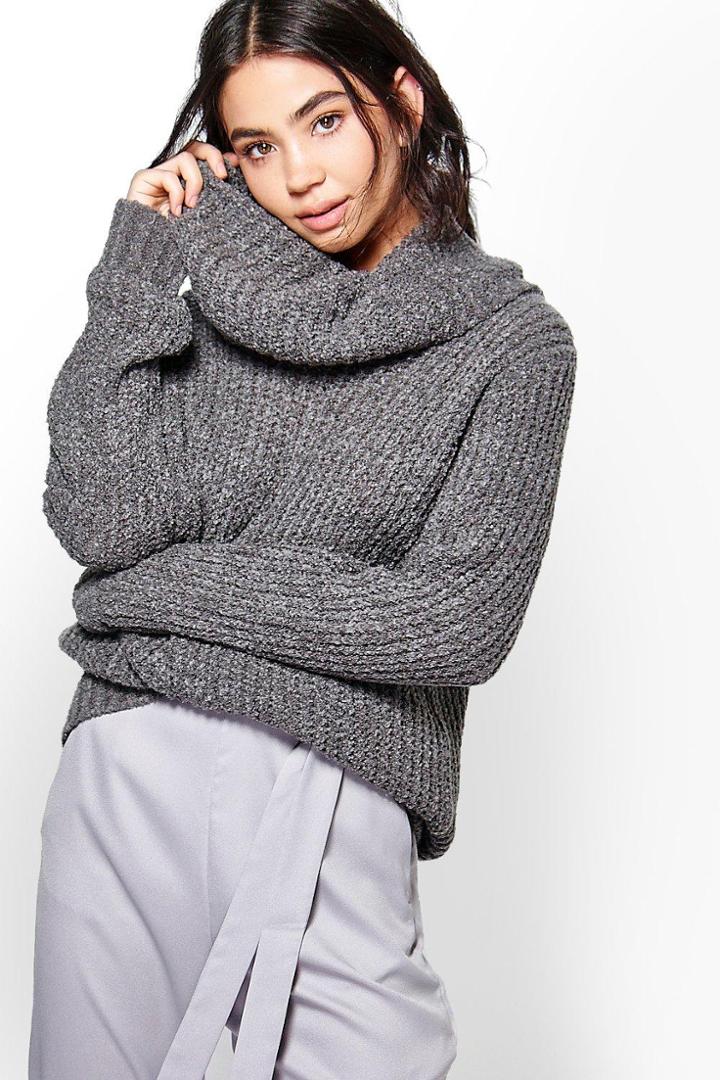 Boohoo Faith Boucle Crop Cowl Neck Jumper Smoke