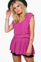 Boohoo Lara Coin Trim Woven Strappy Back Top Berry