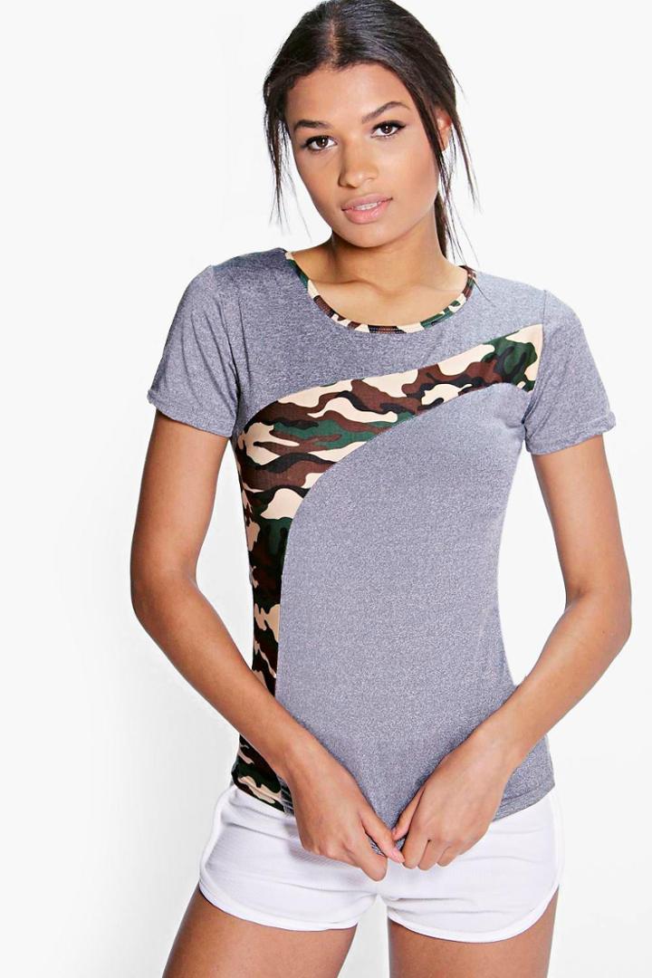 Boohoo Brooke Camo Panel Running Tee Stone