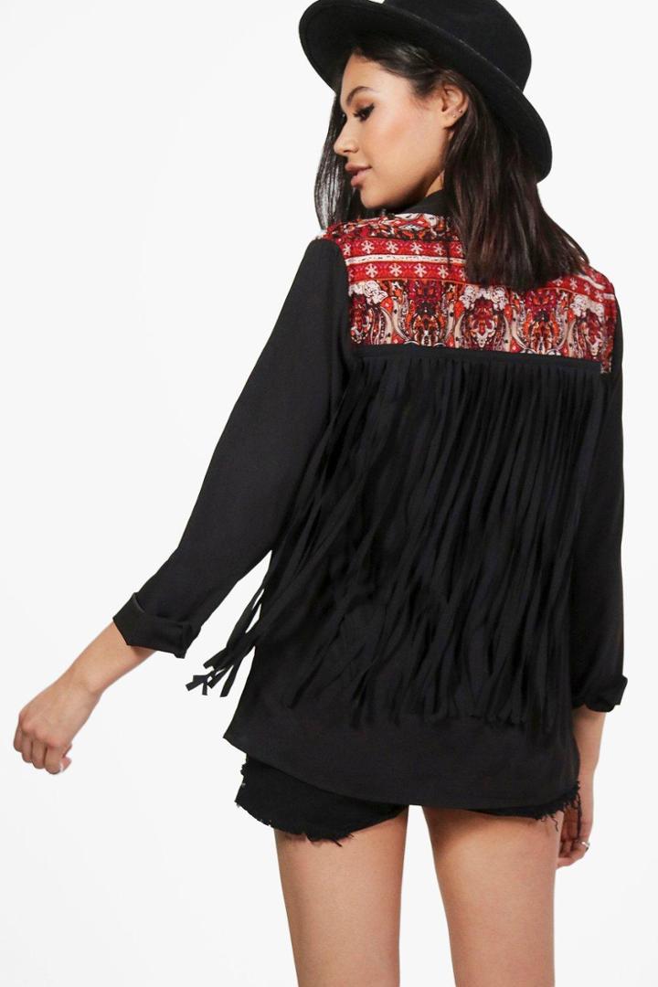 Boohoo Elizabeth Boutique Embellished Tassel Back Shirt Black