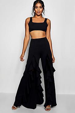 Boohoo Eden Ruffle Thigh Split Wide Leg Trouser