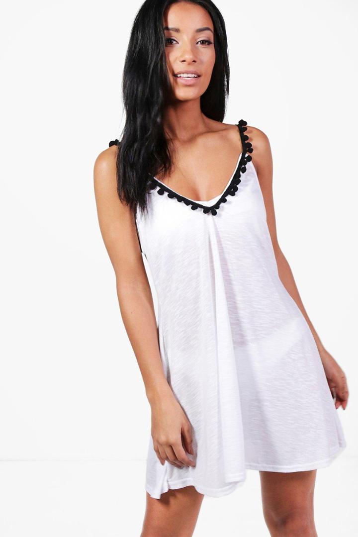 Boohoo Lacey Pom Pom Swing Beach Dress White