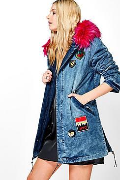 Boohoo Karen Faux Fur Hooded Denim Parka