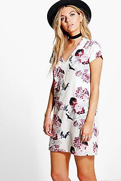 Boohoo Carmen Oriental Plunge Cap Sleeve Shift Dress