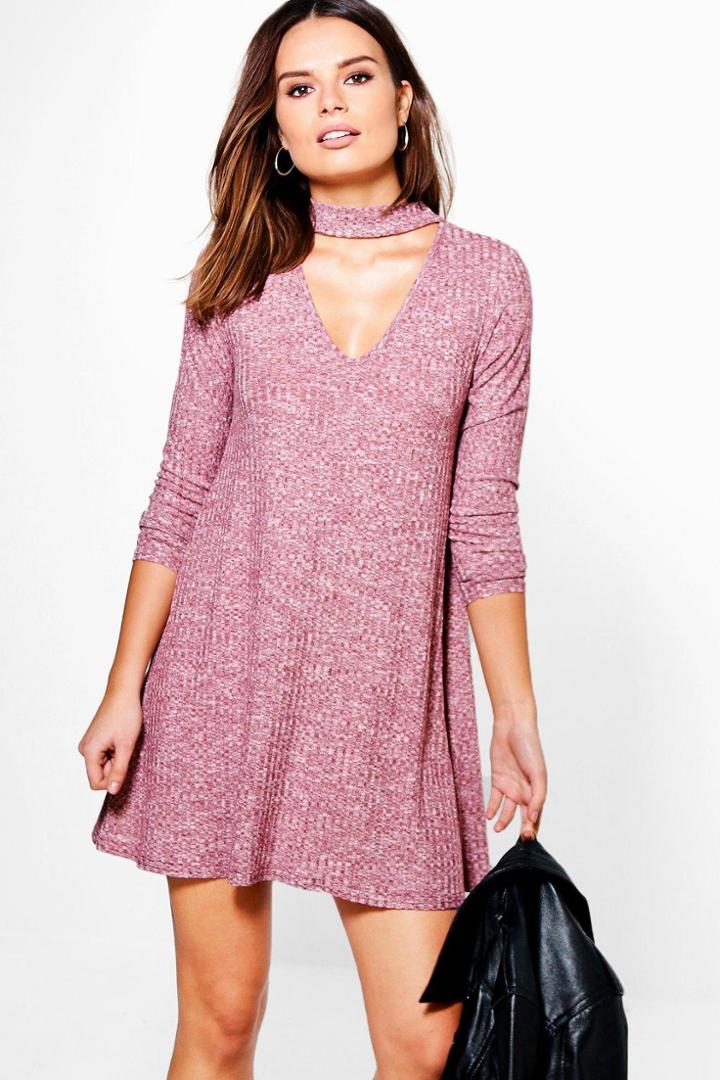 Boohoo Brooke Rib Knit Choker Swing Dress Berry