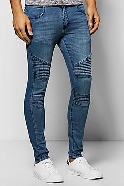 Boohoo Mid Blue Skinny Fit Jeans With Biker Detail