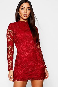 Boohoo Lace High Neck Long Sleeve Bodycon Dress