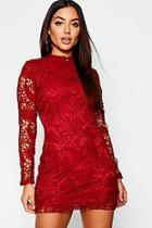 Boohoo Lace High Neck Long Sleeve Bodycon Dress