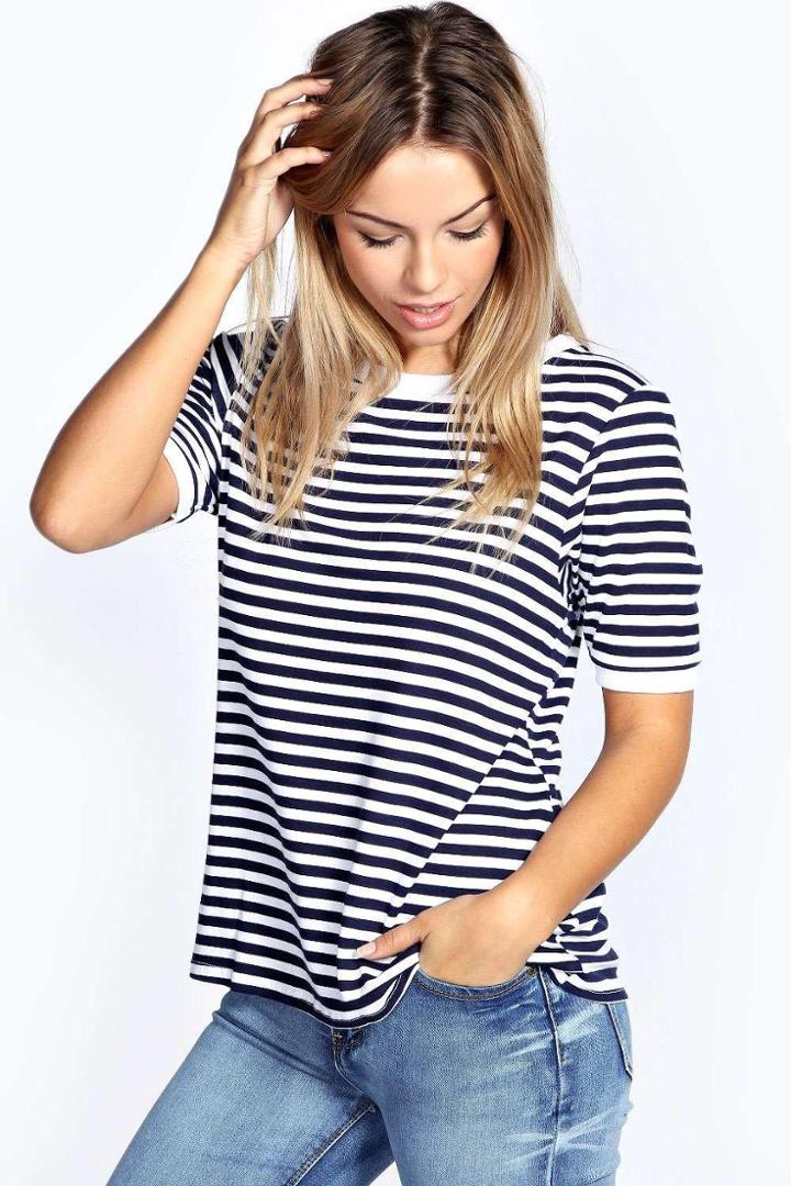 Boohoo Eva Fine Stripe Rib Cuff & Neck Top Navy