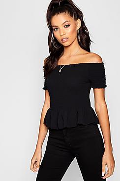 Boohoo Shirred Off The Shoulder Crop Top