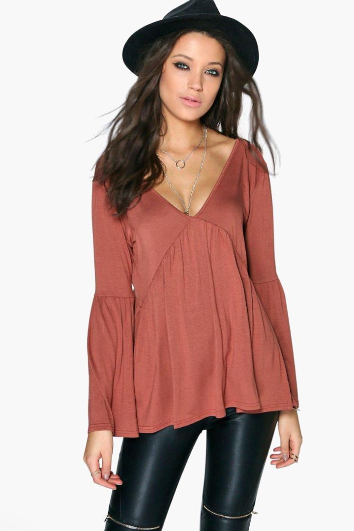 Boohoo Tall Erika Long Sleeve Smock Top Chestnut