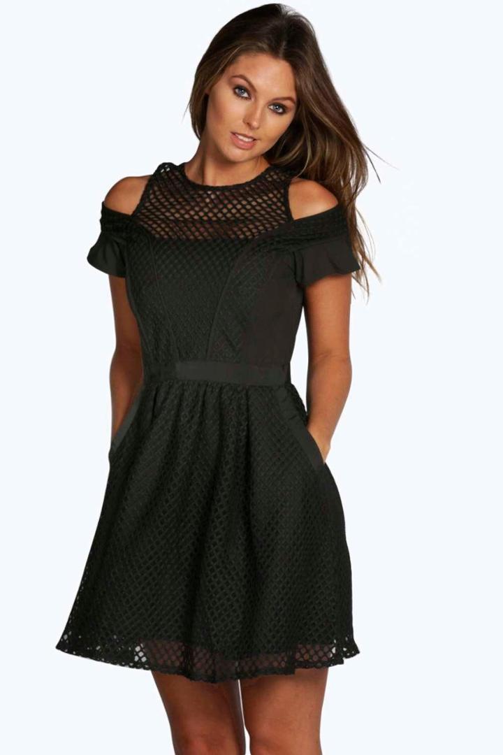 Boohoo Catt Mesh Panelled Detail Skater Dress Black