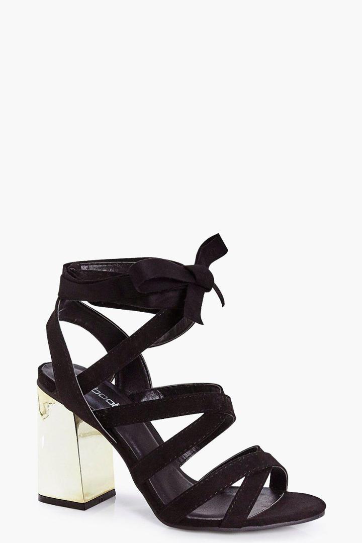 Boohoo Ella Metallic Fluted Wrap Strap Heels Black