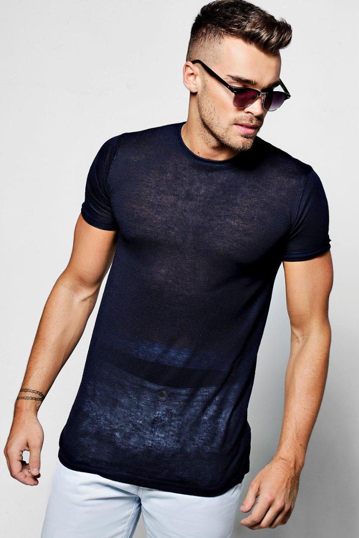 Boohoo Fine Gauge Knitted T Shirt Navy