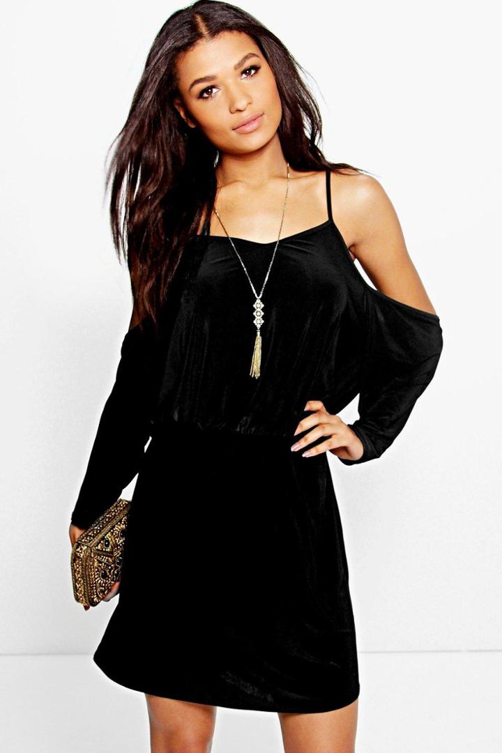 Boohoo Mara Cold Shoulder Blouson Tie Waist Mini Dress Black