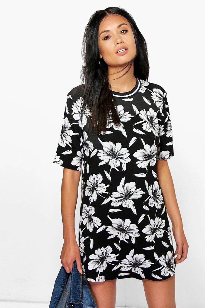 Boohoo Flossie Floral Sport Trim Shift Dress Black