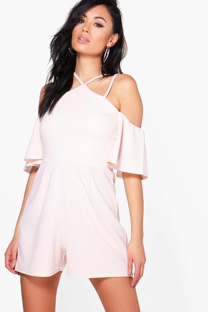Boohoo Emily Open Shoulder Strappy Playsuit Nude