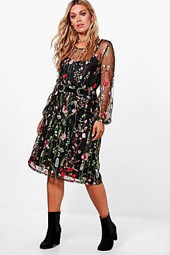 Boohoo Plus Tilly Heavy Embroidered Midi Dress