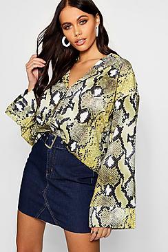 Boohoo Snake Print Flare Sleeve Satin Shirt