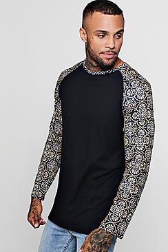 Boohoo Longline Ribbed Raglan Printed Sleeve T-shirt